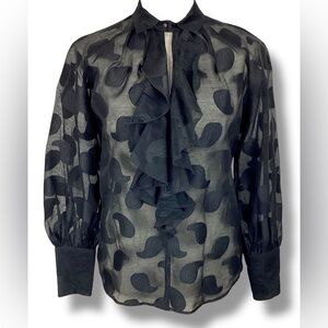 Etro Black Chiffon Sheer Paisley Print Blouse ruffle Button collar